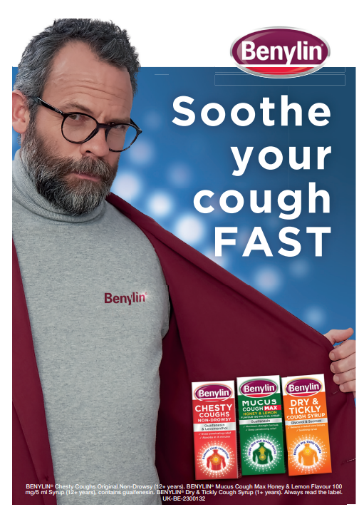 Benylin® Man with Benylin packs in pocket