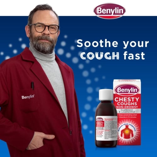 Image showing Benylin Chesty Coughs non-drowsy product with the claim: Soothe your cough fast