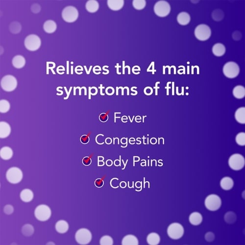 Image stating that Benylin 4 Flu tablets - Flu Relief Medicine relieves the 4 main symptoms of flu