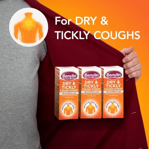 Image showing packshots of Dry & Tickly with the title: For Dry & Tickly Coughs