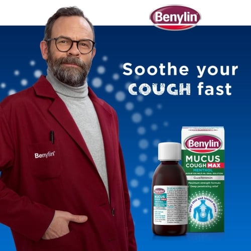Image showing Benylin Mucus Cough Max Menthol packshot with the title Soothe your cough fast
