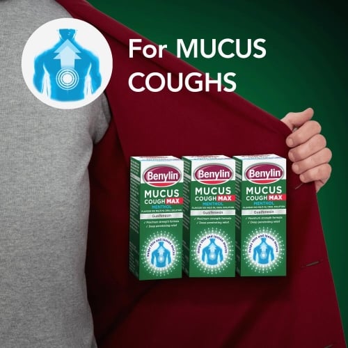 Image showing packshots of Benylin Mucus Cough Max Menthol with the title: For Mucus Coughs
