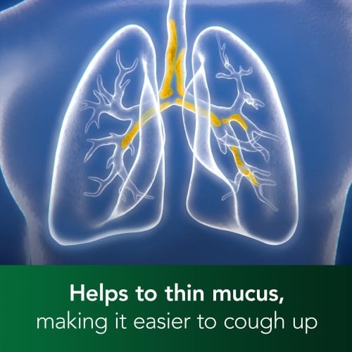 Image showing a drawing of lungs with the caption: Helps to thin mucus, making it easier to cough up (refering to Benylin Mucus Cough Max Menthol)