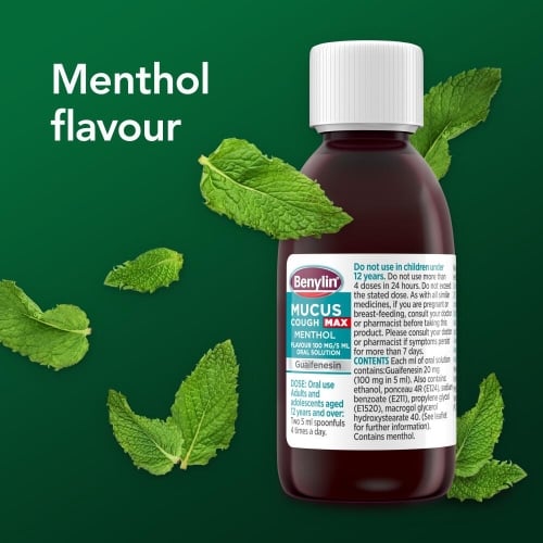 Image showing the bottle of Benylin Mucus Cough Max Menthol with the title: Menthol flavour