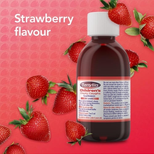 Image showing the bottle of Benylin Children's Chesty Coughs with the title: Strawberry flavour