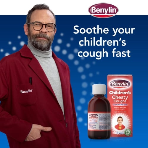 Image showing Benylin Children's Chesty Coughs packshot with the title: Soothe your children's cough fast