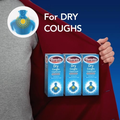 Image showing packshots of Benylin Dry Coughs with the title: For dry coughs