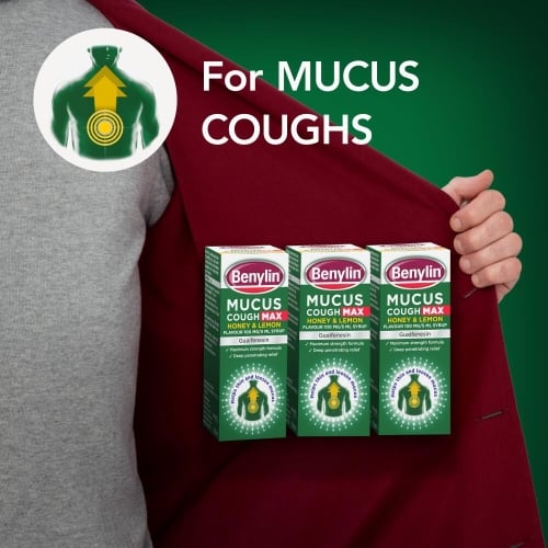 Image showing pack shots of Benylin Mucus Cough Max Honey & Lemon with the title: For Mucus Coughs